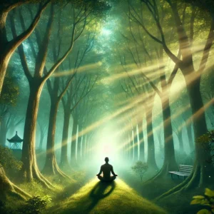 Ein Mensch sitzt entspannt in einem meditativen Zustand auf einer Lichtung in einem ruhigen Wald. Weiche Lichtstrahlen durchbrechen das Blätterdach und schaffen eine beruhigende Atmosphäre, die innere Ruhe und Sicherheit symbolisiert.